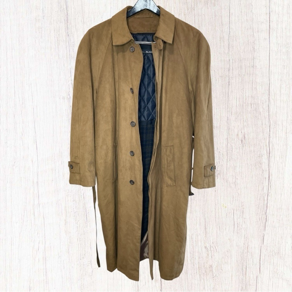 Vintage BILL BLASS Men's Belted Faux Suede Trench Coat, 42L, Removable Lining